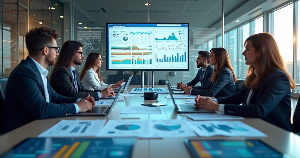 Reunião estratégica com equipe analisando indicadores